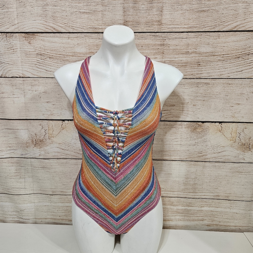 NWOT Becca Shoreline Camille Metallic Knotted One Piece Swimsuit Small